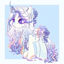 Size: 2000x2000 | Tagged: safe, artist:sorenszz, derpibooru import, oc, oc only, pony, unicorn, blue background, eyelashes, female, hair, horn, jewelry, long tail, rainbow, simple background, solo, tail