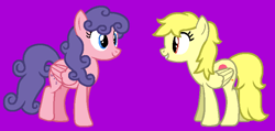 Size: 781x373 | Tagged: safe, artist:jigglewiggleinthepigglywiggle, derpibooru import, lofty, north star (g1), pegasus, pony, g1, g4, base used, best friends, blue eyes, curly hair, curly mane, curly tail, cute, duo, eyelashes, female, folded wings, friends, full body, g1 to g4, generation leap, hooves, lesbian, loftybetes, loftystar, magenta background, mare, northabetes, purple hair, purple mane, purple tail, red eyes, shipping, simple background, smiling, standing, straight hair, straight mane, straight tail, tail, talking, wings, yellow hair, yellow mane, yellow tail