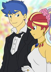 Size: 1280x1802 | Tagged: safe, alternate version, artist:studiodraw, derpibooru import, edit, flash sentry, sunset shimmer, equestria girls, clothes, dress, female, flashimmer, male, marriage, no eyelashes, shipping, straight, wedding, wedding dress