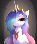 Size: 2202x2580 | Tagged: safe, artist:magnaluna, derpibooru import, princess celestia, alicorn, pony, archway, bust, crown, eyelashes, female, hair over one eye, jewelry, looking at you, mare, peytral, portrait, regalia, smiling, smiling at you, solo, sparkly hair, sparkly mane