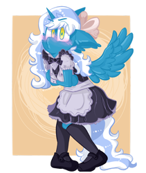 Size: 1280x1520 | Tagged: safe, artist:stinkygooby, derpibooru import, oc, oc:fleurbelle, alicorn, anthro, alicorn oc, apron, blushing, bow, clothes, female, golden eyes, hair bow, horn, maid, mare, shoes, tights, wings