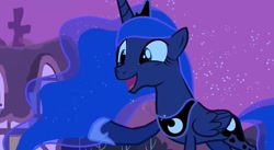 Size: 1280x701 | Tagged: safe, derpibooru import, screencap, princess luna, alicorn, pony, luna eclipsed, season 2, clothes, crown, female, horn, jewelry, mare, moon, night, open mouth, open smile, regalia, shoes, smiling, sparkles, stars, wings, youtube link