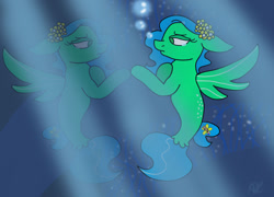 Size: 1280x924 | Tagged: safe, artist:snoopy7c7, derpibooru import, oc, oc only, seapony (g4), blue mane, bubble, crepuscular rays, dorsal fin, fish tail, flowing tail, green eyes, ocean, reflection, sad, solo, spread wings, sunlight, tail, teary eyes, underwater, water, wings