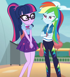 Size: 1736x1920 | Tagged: safe, artist:3d4d, artist:alandssparkle, artist:invisibleink, derpibooru import, edit, rainbow dash, sci-twi, twilight sparkle, equestria girls, clothes, crossed arms, duo, duo female, female, glasses, grin, pants, skirt, smiling, smirk, smug, vector, vector edit