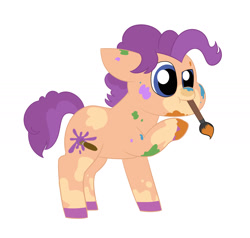 Size: 1848x1761 | Tagged: safe, artist:queenderpyturtle, derpibooru import, oc, oc:paint splat, earth pony, pony, colt, foal, male, mouth hold, paintbrush, simple background, solo, white background