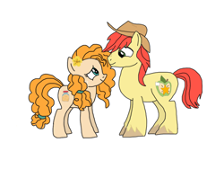 Size: 2048x1536 | Tagged: safe, artist:chanyhuman, derpibooru import, bright mac, pear butter, earth pony, pony, brightbutter, buttercup, female, flower, flower in hair, folk, hat, looking at each other, looking at someone, male, mare, shipping, simple background, stallion, straight, white background