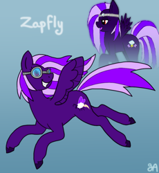 Size: 810x882 | Tagged: safe, artist:greenarsonist, derpibooru import, oc, oc only, oc:zapfly, pegasus, female, filly, flying, foal, goggles, pegasus oc, redraw, smiling, spread wings, unshorn fetlocks, wings