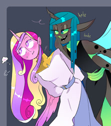 Size: 1234x1389 | Tagged: safe, artist:stevetwisp, derpibooru import, princess cadance, queen chrysalis, human, blushing, cadalis, colored, cute, female, horn, horned humanization, humanized, infidelity, laughing, lesbian, shipping, simple background, winged humanization, wings