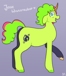 Size: 811x939 | Tagged: safe, artist:greenarsonist, derpibooru import, oc, oc only, oc:jesse wisecracker, pony, unicorn, amputee, chubby, horn, nonbinary, prosthetic horn, prosthetics, solo, tail, teeth, two toned mane, two toned tail, unicorn oc, unshorn fetlocks