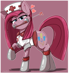 Size: 945x992 | Tagged: safe, artist:malachimoet, derpibooru import, pinkie pie, earth pony, pony, g4, hat, looking at you, mouth hold, needle, nurse, nurse hat, nurse outfit, pinkamena diane pie, solo, this will end in pain
