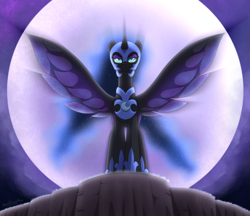 Size: 4620x4000 | Tagged: safe, artist:aarondrawsarts, derpibooru import, nightmare moon, alicorn, pony, backlighting, commission, commissioner:reversalmushroom, female, high res, lidded eyes, looking at you, mare, moon, smiling, smiling at you, smirk, solo, spread wings, wings