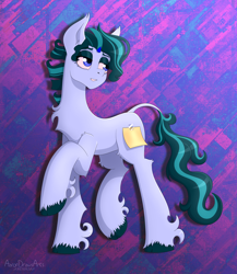 Size: 4200x4840 | Tagged: safe, artist:aarondrawsarts, derpibooru import, oc, oc:facade, unicorn, chest fluff, commission, commissioner:reversalmushroom, covered cutie mark, horn, male, psychedelic, small horn, sticky note