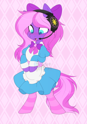 Size: 1010x1427 | Tagged: safe, artist:scarlet-spectrum, derpibooru import, part of a set, oc, oc only, oc:lillybit, earth pony, pony, adorkable, bipedal, bow, clothes, commission, cute, dork, dress, female, gaming headset, headphones, headset, maid, microphone, no eyelashes, ribbon, socks, solo, striped socks, ych result