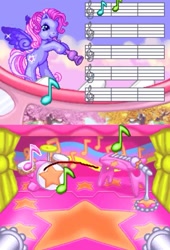 Size: 800x1176 | Tagged: safe, derpibooru import, starsong, g3, bipedal, drums, flute, game, keyboard, microphone, microphone stand, music notes, musical instrument, nintendo ds, pinkie pie's party, sheet music, sparkles, spread wings, stars, wings, youtube link