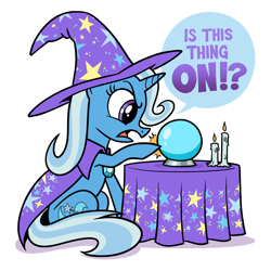 Size: 1950x1950 | Tagged: safe, artist:mellodillo, derpibooru import, trixie, pony, unicorn, g4, candle, crystal ball, dialogue, female, mare, poking, simple background, sitting, solo, speech bubble, table, white background