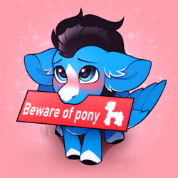 Size: 2750x2750 | Tagged: safe, artist:argigen, derpibooru import, oc, oc only, oc:enduro elite, pegasus, pony, blushing, eyebrows, heart eyes, high res, male, mouth hold, partially open wings, pegasus oc, pink background, sign, signature, simple background, solo, stallion, wingding eyes, wings