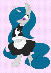 Size: 752x1063 | Tagged: safe, artist:scarlet-spectrum, derpibooru import, part of a set, oc, oc only, oc:pillow art, pony, unicorn, abstract background, bipedal, blushing, clothes, commission, cute, dress, female, hair over one eye, horn, long mane, long tail, looking down, maid, mare, ocbetes, open mouth, solo, surprised face, tail, unicorn oc, ych result