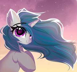 Size: 2630x2480 | Tagged: safe, artist:janelearts, derpibooru import, oc, oc only, oc:pillow art, pony, unicorn, commission, crossed hooves, eye clipping through hair, eyebrows, eyebrows visible through hair, female, high res, hooves to the chest, horn, long mane, looking at you, mare, not izzy moonbow, purple eyes, smiling, smiling at you, solo, sunset, unicorn oc, ych result