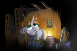 Size: 2997x1997 | Tagged: safe, artist:ka3ahb, derpibooru import, oc, oc:littlepip, pony, unicorn, fallout equestria, pipbuck, praying, solo