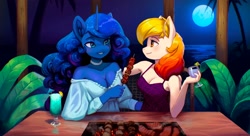 Size: 2048x1118 | Tagged: safe, artist:mrscroup, derpibooru import, princess luna, oc, oc only, oc:starfyre, anthro, pegasus, unicorn, clothes, drink, duo, duo female, female, food, meat, moon