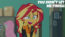 Size: 1280x720 | Tagged: safe, derpibooru import, edit, edited screencap, editor:quoterific, screencap, fluttershy, sunset shimmer, better together, equestria girls, forgotten friendship, clothes, cutie mark on clothes, female, geode of empathy, hairpin, jacket, leather jacket, leather vest, magical geodes, necktie, open mouth, open smile, smiling, solo focus, text