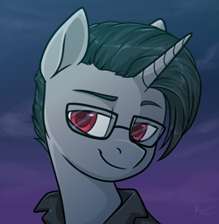 Size: 2496x2546 | Tagged: safe, artist:megabait, derpibooru import, oc, oc only, unicorn, bust, glasses, looking at you, night, not yodi, portrait, yodn't