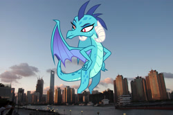 Size: 4288x2848 | Tagged: safe, artist:outlaw4rc, artist:thegiantponyfan, derpibooru import, princess ember, dragon, china, dragon wings, dragoness, female, frown, giant dragon, giantess, hand on hip, high res, highrise ponies, irl, looking back, macro, mega giant, partially open wings, photo, ponies in real life, shanghai, solo, wings