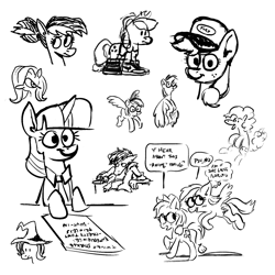 Size: 2048x2048 | Tagged: safe, artist:horsewizardart, derpibooru import, applejack, fluttershy, pinkie pie, rainbow dash, trixie, twilight sparkle, unicorn twilight, earth pony, pegasus, pony, unicorn, alternate hairstyle, black and white, bust, female, grayscale, hat, high res, mare, monochrome, ponytail, shoes, simple background, sketch, sketch dump, sneakers, speech bubble, thought bubble, trucker hat, white background