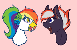 Size: 640x414 | Tagged: safe, artist:mscolorsplash, derpibooru import, oc, oc only, oc:bishop, oc:rainbow feather, griffon, hippogriff, pony, bust, commission, duo, ear piercing, earring, female, griffon oc, interspecies offspring, jewelry, looking at each other, looking at someone, magical lesbian spawn, offspring, open mouth, open smile, parent:gilda, parent:rainbow dash, parents:gildash, piercing, pink background, simple background, smiling