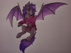 Size: 4624x3472 | Tagged: safe, anonymous artist, derpibooru import, oc, oc:midnight purple, bat pony, clothes, flying, hoodie, looking at you, male, solo, traditional art