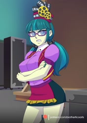 Size: 1240x1754 | Tagged: safe, alternate version, artist:brother-tico, derpibooru import, juniper montage, equestria girls, breasts, busty juniper montage, glasses, open mouth