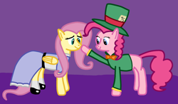 Size: 2120x1234 | Tagged: safe, artist:freestadiumtix, derpibooru import, fluttershy, pinkie pie, earth pony, pegasus, pony, alice in wonderland, boop, clothes, crossover, cute, dress, duo, female, mad hatter, mare, mary janes, noseboop, purple background, secret santa, shoes, simple background