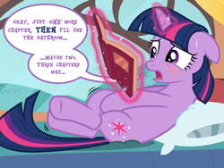 Size: 8000x6000 | Tagged: safe, artist:ithinkitsdivine, derpibooru import, twilight sparkle, unicorn twilight, pony, unicorn, absurd resolution, bed, blushing, book, covering, covering crotch, crossed legs, desperation, dialogue, female, fetish, golden oaks library, magic, need to pee, obsession, omorashi, pillow, potty emergency, potty time, reading, show accurate, sitting, solo, squirming, sweat, that pony sure does love books, watersports