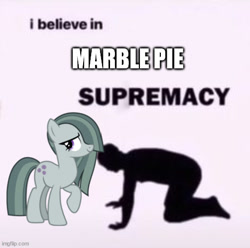 Size: 502x497 | Tagged: safe, derpibooru import, edit, marble pie, earth pony, human, pony, duo, female, mare, simple background, supremacy meme, text, text edit, truth, white background