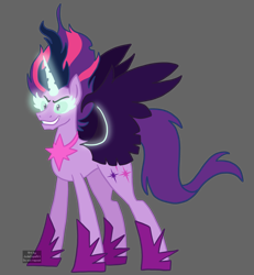 Size: 1426x1546 | Tagged: safe, artist:queertrixie, derpibooru import, midnight sparkle, sci-twi, twilight sparkle, alicorn, pony, equestria girls, black background, equestria girls ponified, evil grin, eyebrows, female, grin, mare, ponified, simple background, smiling, solo, spread wings, wings