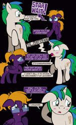 Size: 1920x3168 | Tagged: safe, artist:alexdti, derpibooru import, oc, oc only, oc:purple creativity, oc:star logic, pegasus, pony, unicorn, comic:quest for friendship, black background, blushing, comic, crying, dialogue, duo, ears, female, floppy ears, folded wings, glasses, high res, hoof on chest, hooves, hooves behind head, horn, looking at each other, looking at someone, looking back, male, mare, misspelling, narrowed eyes, open mouth, pegasus oc, raised hoof, raised leg, shrunken pupils, simple background, speech bubble, stallion, standing, tail, two toned mane, two toned tail, unicorn oc, wings, yelling