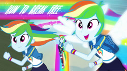 Size: 3416x1920 | Tagged: safe, derpibooru import, edit, edited screencap, editor:itsmgh1203, screencap, rainbow dash, better together, equestria girls, run to break free, backpack, clothes, cutie mark on clothes, female, geode of super speed, hoodie, jewelry, magical geodes, necklace, open mouth, open smile, ponied up, rainbow, rainbow trail, shoes, smiling, sneakers, solo, spread wings, wings