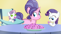 Size: 1280x720 | Tagged: safe, artist:mlplary6, derpibooru import, cookie crumbles, rarity, sweetie belle, pony, unicorn, baby, baby sweetie belle, cookie, eating, female, filly, filly rarity, foal, food, mare, smiling, younger