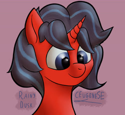 Size: 5552x5080 | Tagged: safe, derpibooru import, oc, oc only, oc:rainy dusk, unicorn, blue eyes, bust, colt, foal, horn, male, pink background, portrait, red coat, signature, simple background, solo