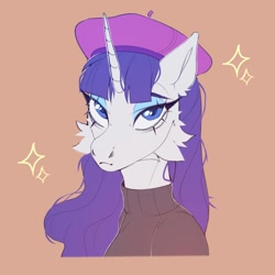 Size: 1000x1000 | Tagged: safe, artist:kanashimi, derpibooru import, rarity, pony, unicorn, beatnik rarity, beige background, beret, bust, cheek fluff, clothes, hat, simple background, sweater