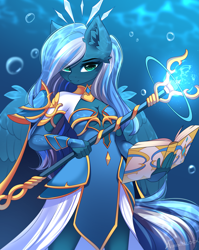 Size: 2931x3682 | Tagged: safe, artist:airiniblock, derpibooru import, oc, oc only, oc:vivid tone, anthro, pegasus, anthro oc, blue mane, book, bubble, clothes, crepuscular rays, dress, ear fluff, ears, feather, female, flowing tail, gauntlet, glowing, green eyes, hand, high res, jewelry, looking at you, mare, ocean, pegasus oc, rcf community, smiling, smiling at you, solo, spear, sunlight, tail, underwater, water, weapon, wings