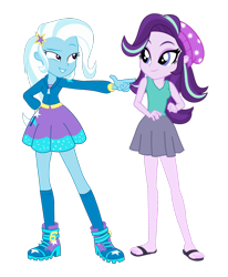 Size: 1254x1519 | Tagged: artist needed, safe, artist:marcorulezzz, derpibooru import, edit, starlight glimmer, trixie, equestria girls, barrette, beanie, boots, clothes, cutie mark, cutie mark on clothes, duo, duo female, feet, female, grin, hand on hip, hat, hoodie, jacket, miniskirt, pointing, pose, sandals, shoes, simple background, skirt, smiling, smirk, socks, stars, transparent background, vector