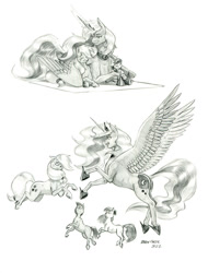 Size: 1050x1384 | Tagged: safe, artist:baron engel, derpibooru import, apple bloom, applejack, princess luna, oc, oc:stone mane, alicorn, earth pony, pony, colt, female, filly, foal, male, mare, monochrome, pencil drawing, story included, traditional art