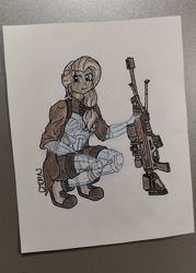 Size: 1469x2048 | Tagged: safe, artist:yognaughtsteve, derpibooru import, fluttershy, human, alternate hairstyle, armor, cloaked, gun, humanized, rifle, sniper rifle, solo, traditional art, weapon