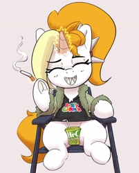 Size: 2249x2793 | Tagged: safe, artist:pabbley, derpibooru import, oc, oc only, oc:dyx, alicorn, pony, chair, clothes, female, filly, foal, grin, jacket, juice, juice box, magic, smiling, smoking, solo, strategically covered