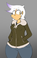 Size: 838x1326 | Tagged: safe, artist:coffeebanana, derpibooru import, gilda, human, bomber jacket, clothes, hand in pocket, humanized, jacket, looking at you, sketch, solo, white hair