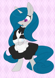 Size: 752x1063 | Tagged: safe, artist:scarlet-spectrum, derpibooru import, part of a set, oc, oc only, oc:pillow art, pony, unicorn, abstract background, bipedal, blushing, clothes, commission, dress, female, hair over one eye, horn, long mane, long tail, looking down, maid, mare, signature, solo, surprised, surprised face, tail, unicorn oc, watermark, ych result