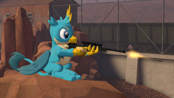 Size: 1920x1080 | Tagged: safe, artist:ponygamer2020, artist:ponygamersfm, derpibooru import, gallus, griffon, 3d, bullet, crossover, fingers, gun, horn, male, onomatopoeia, optical sight, quadrupedal, rifle, shooting, sniper, sniper rifle, solo, sound effects, source filmmaker, team fortress 2, weapon, wings