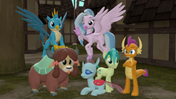 Size: 1920x1080 | Tagged: safe, artist:ponygamer2020, artist:ponygamersfm, derpibooru import, gallus, ocellus, sandbar, silverstream, smolder, yona, changedling, changeling, classical hippogriff, dragon, earth pony, griffon, hippogriff, pony, yak, 3d, :3, :p, alternate mane six, bow, bunny ears (gesture), claws, cloven hooves, colored hooves, crossed arms, cute, diaocelles, diastreamies, dragoness, female, flying, folded wings, gallabetes, group, group photo, hair bow, looking at you, male, mane six opening poses, monkey swings, paws, raised arm, sandabetes, scene interpretation, smiling, smiling at you, smolderbetes, source filmmaker, spread wings, stallion, standing, student six, tail, teenager, tongue, tongue out, wings, yonadorable
