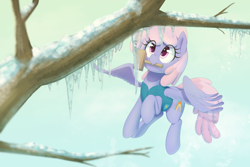 Size: 5400x3600 | Tagged: safe, artist:thebatfang, ponerpics import, rainbowshine, pegasus, pony, art pack:winter wrap pack, winter wrap up, clothes, female, flying, hammer, ice, icicle, looking at something, mallet, mare, mouth hold, raised hoof, raised leg, sky, smiling, solo, spread wings, tree, vest, wings